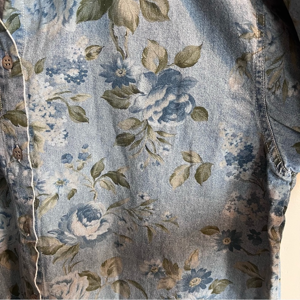 Vintage‎ Denim Short Sleeve Button Down Floral Hydrangea Print Cotton XL - Picture 2 of 6